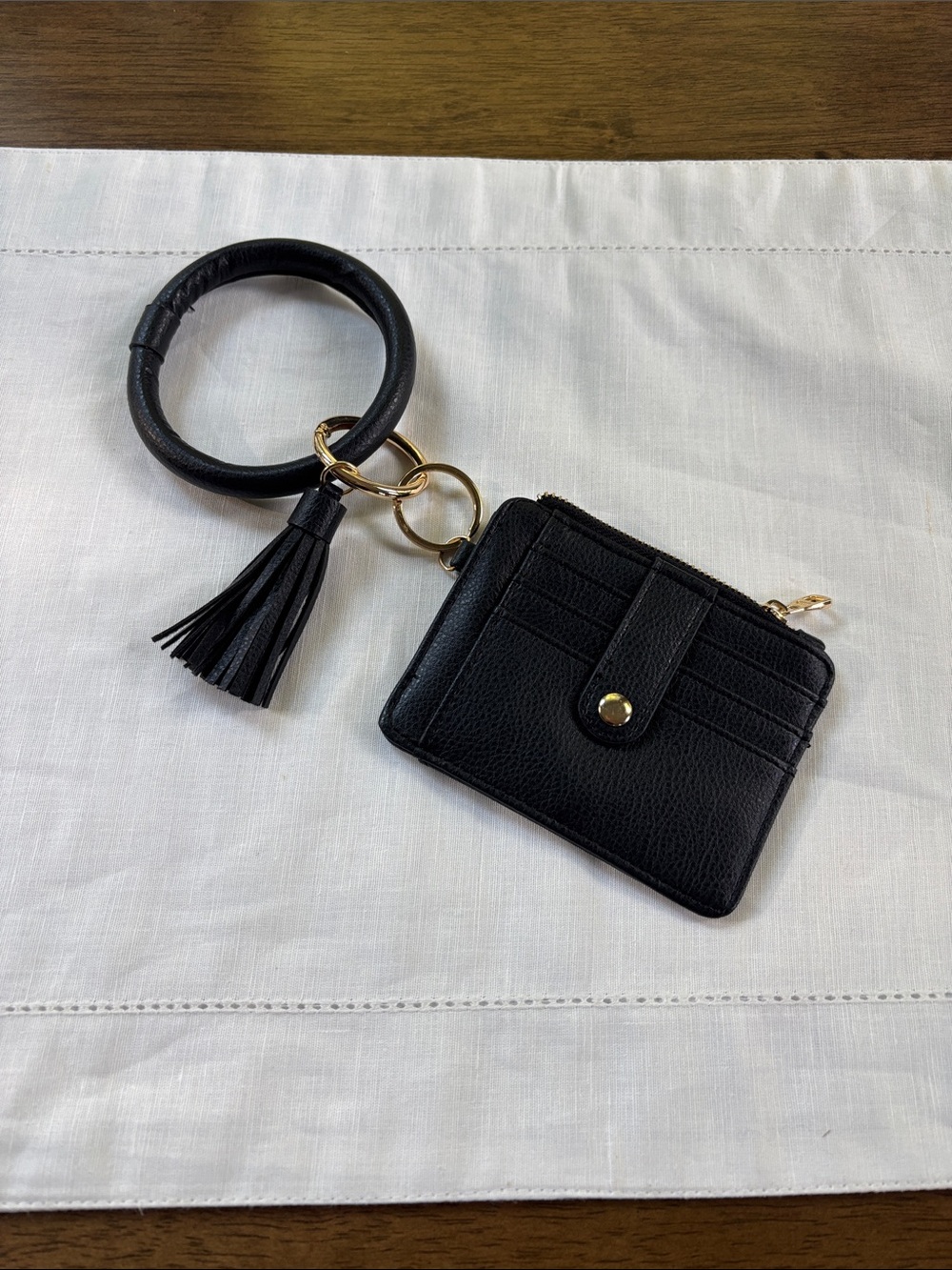 Black Leather Wristlet Card Holder with Tassel Keyring